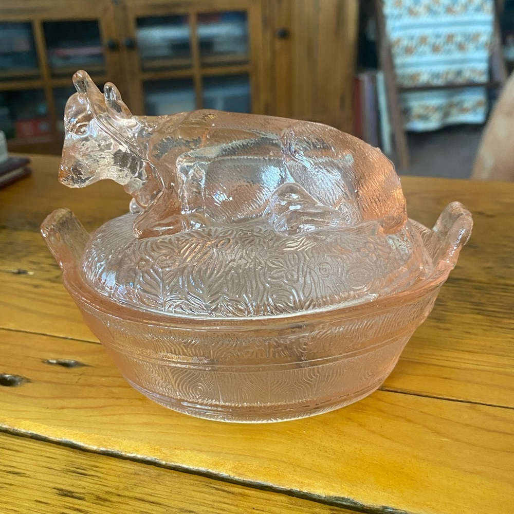Vintage Pink Depression Glass Cow Candy Dish
